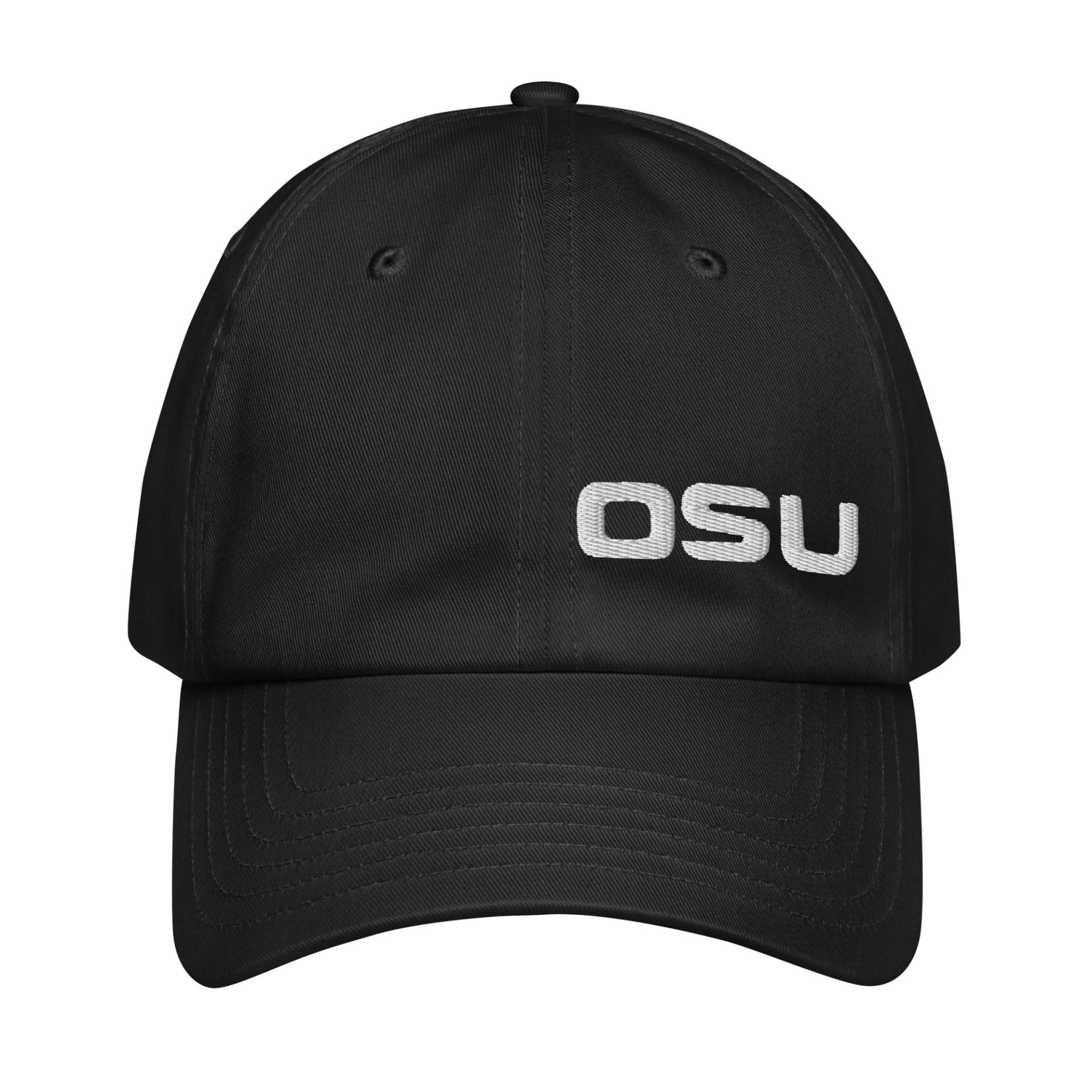 The OSU Under Armour® dad cap is black with OSU embroidered in white on the front, providing a sleek and stylish appearance.