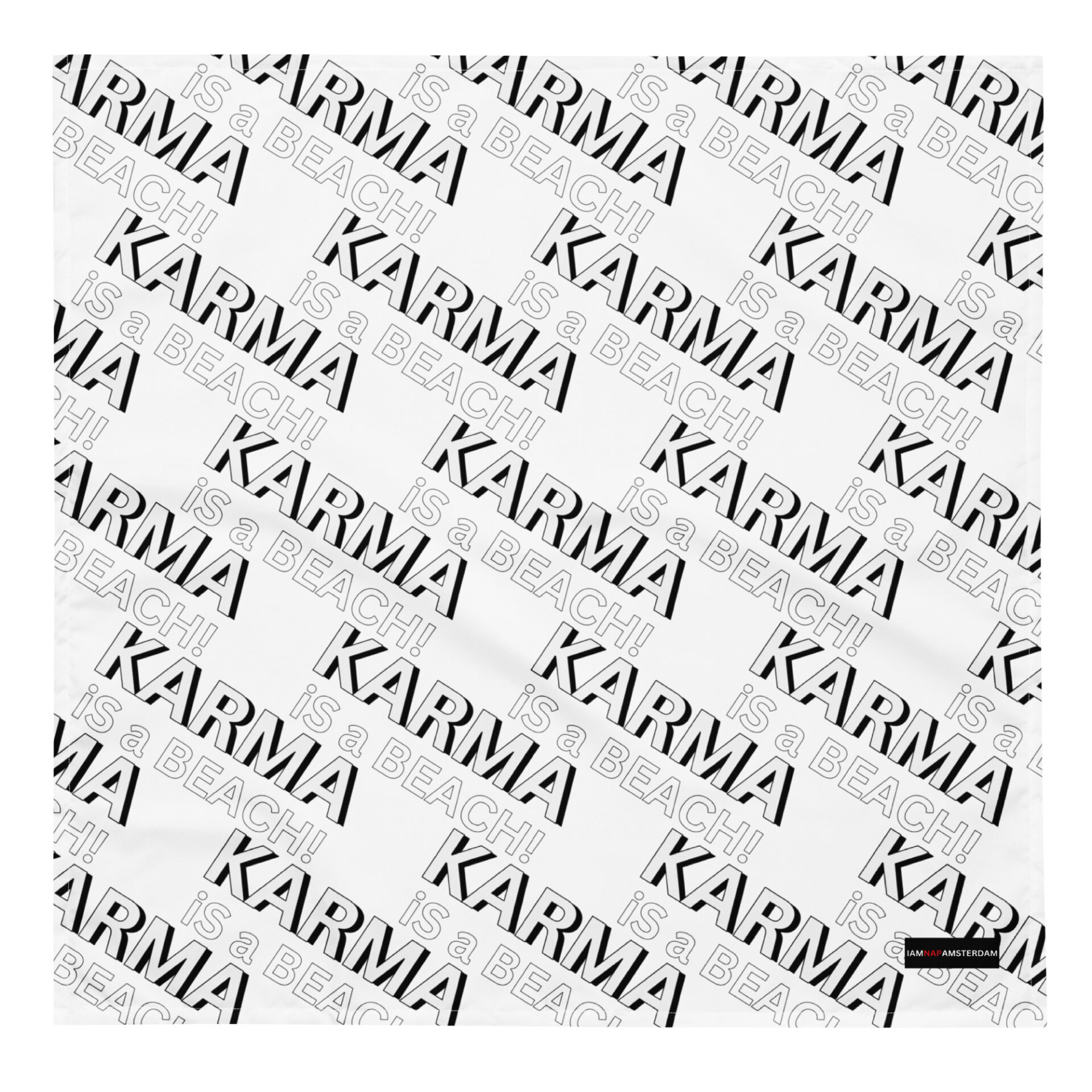 The Karma is a Beach Bandana 1-sided features a bold white square design with repeated black text proclaiming KARMA IS A BEACH! in various orientations. It showcases mostly uppercase letters in a diagonal pattern and has a small logo in the bottom right corner. The Karma is a Beach Bandana 1-sided features a bold white square design with repeated black text proclaiming KARMA IS A BEACH! in various orientations. It showcases mostly uppercase letters in a diagonal pattern and has a small logo in the bottom right corner.