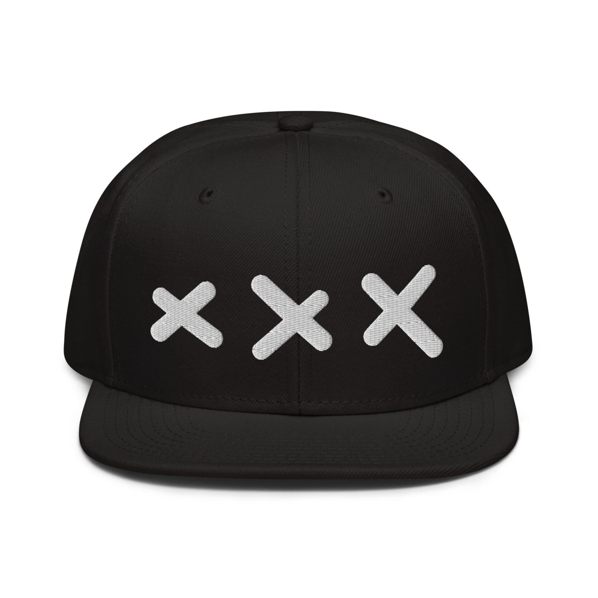 A black XXX Snapback Cap with a grey under visor, featuring three embroidered white Amsterdam Crosses on the front. A black XXX Snapback Cap with a grey under visor, featuring three embroidered white Amsterdam Crosses on the front.