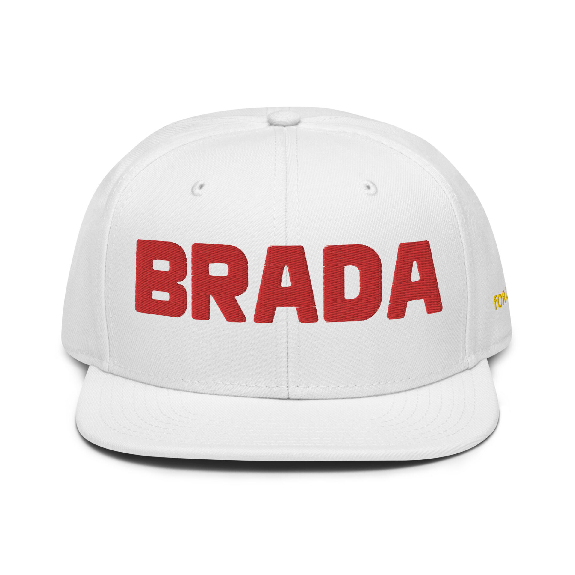 The BRADA fOR LIFE. snapback cap in WHITE, featuring bold red BRADA, combines style with function through its flat brim and small ventilation holes, offering a sleek look accented by a GREY under visor. The BRADA fOR LIFE. snapback cap in WHITE, featuring bold red BRADA, combines style with function through its flat brim and small ventilation holes, offering a sleek look accented by a GREY under visor.