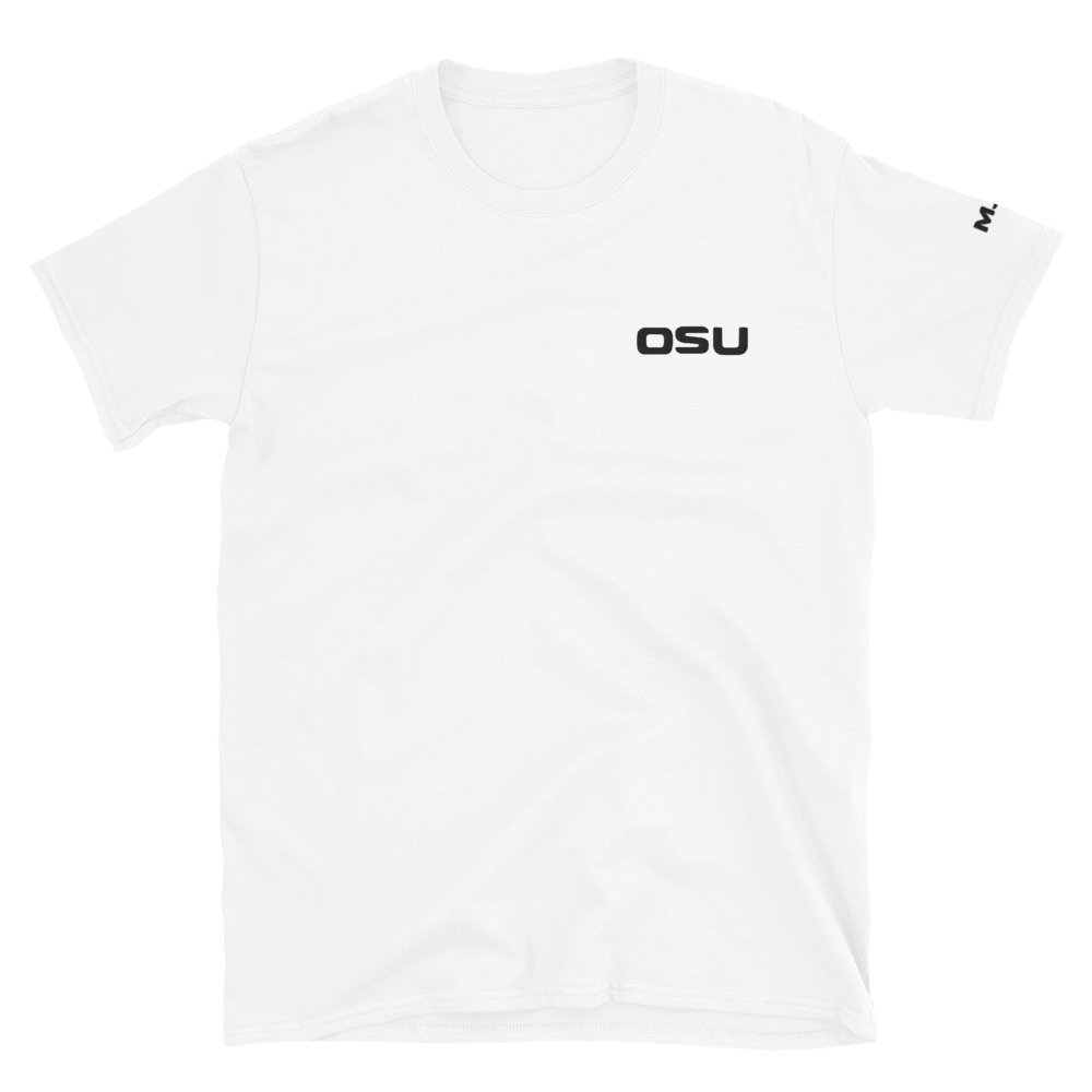 The OSU White Short-Sleeve T-Shirt features OSU in bold black letters on the left chest and a small logo on the sleeve.