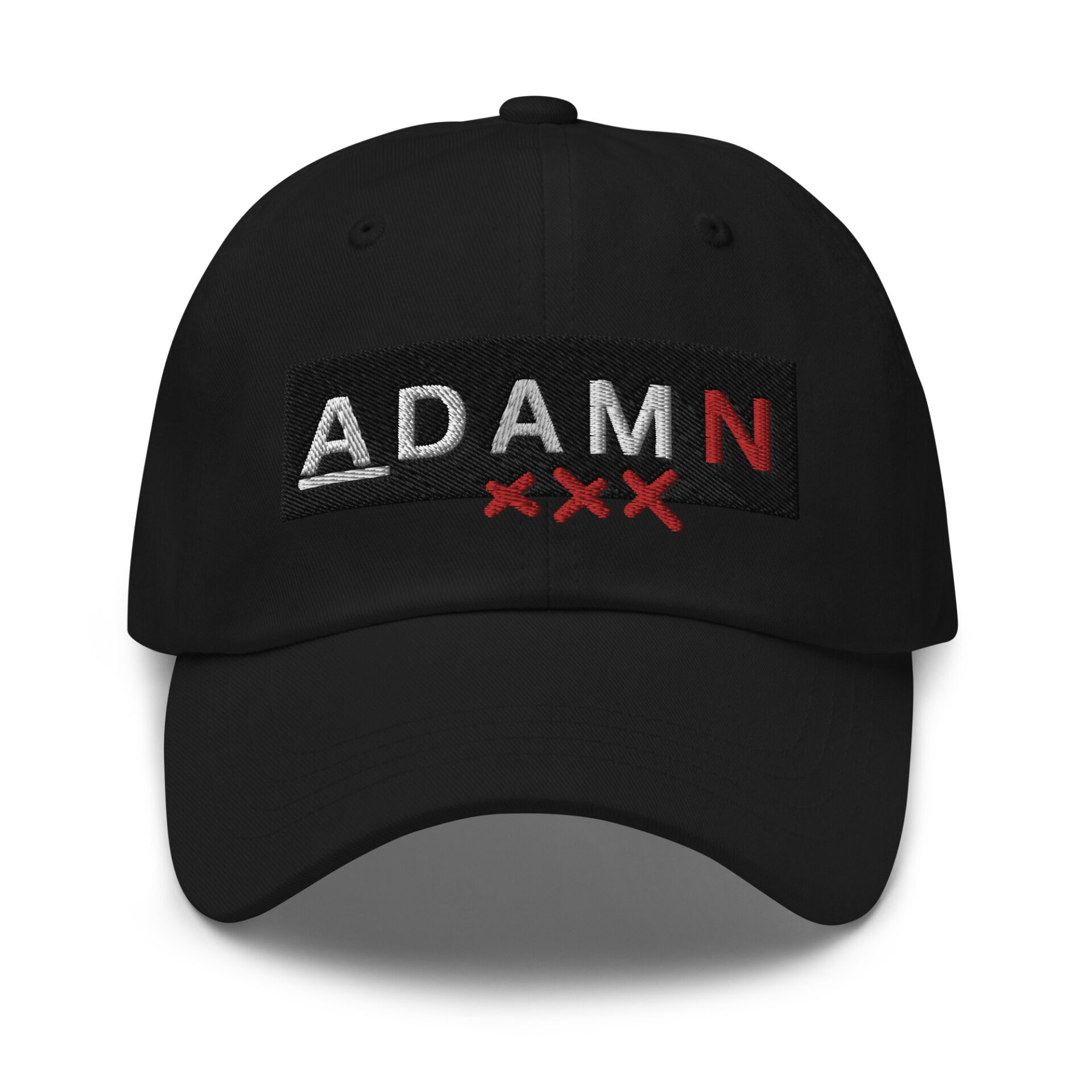 The ADAMN XXX (Amsterdam North) DAD CAP is a black dad cap with ADAMN XXX embroidered on the front, featuring a standout N and three red Xs for a bold Amsterdam North vibe.