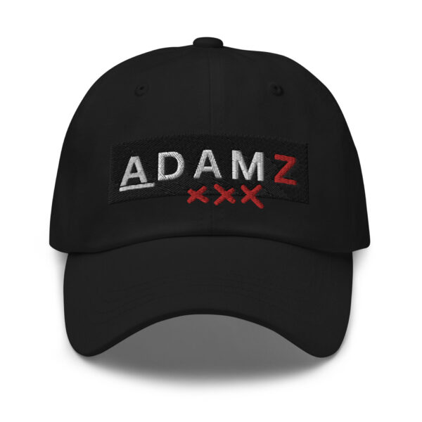 The ADAMZ XXX (Amsterdam South) DAD CAP is a black cap featuring ADAMZ embroidered in bold white and red letters, with three striking red Xs below, evoking Amsterdam Souths iconic symbols.