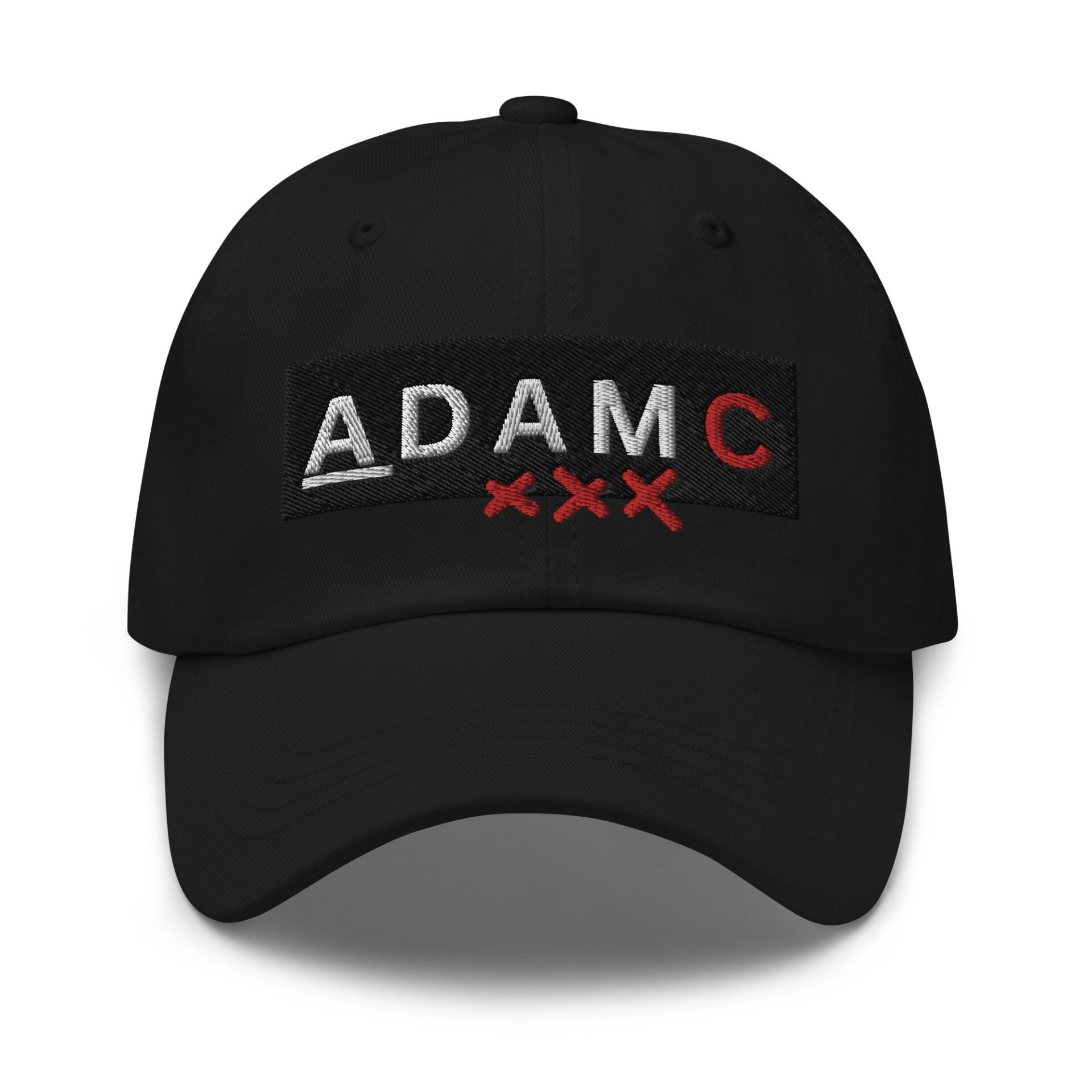 The ADAMC XXX (Amsterdam Center) DAD CAP, in classic black, features ADAMC embroidered in bold white and red with three striking red Xs below on the front, echoing the iconic Amsterdam Center emblem.