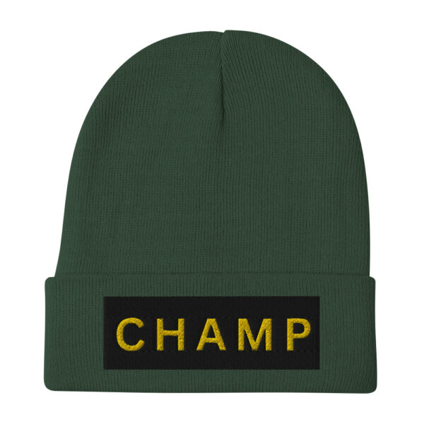 The Bold & brave CHAMP Embroidered Beanie is a green knit accessory featuring a folded brim and a black patch with CHAMP embroidered in bold yellow letters.
