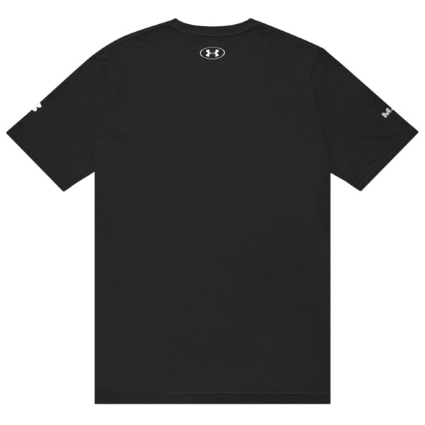 The Under ArmourⓇ athletic t-shirt CHAMP in plain black is shown from the back, with a small white logo at the upper center and additional CHAMP and Under Armour logos on each sleeve.
