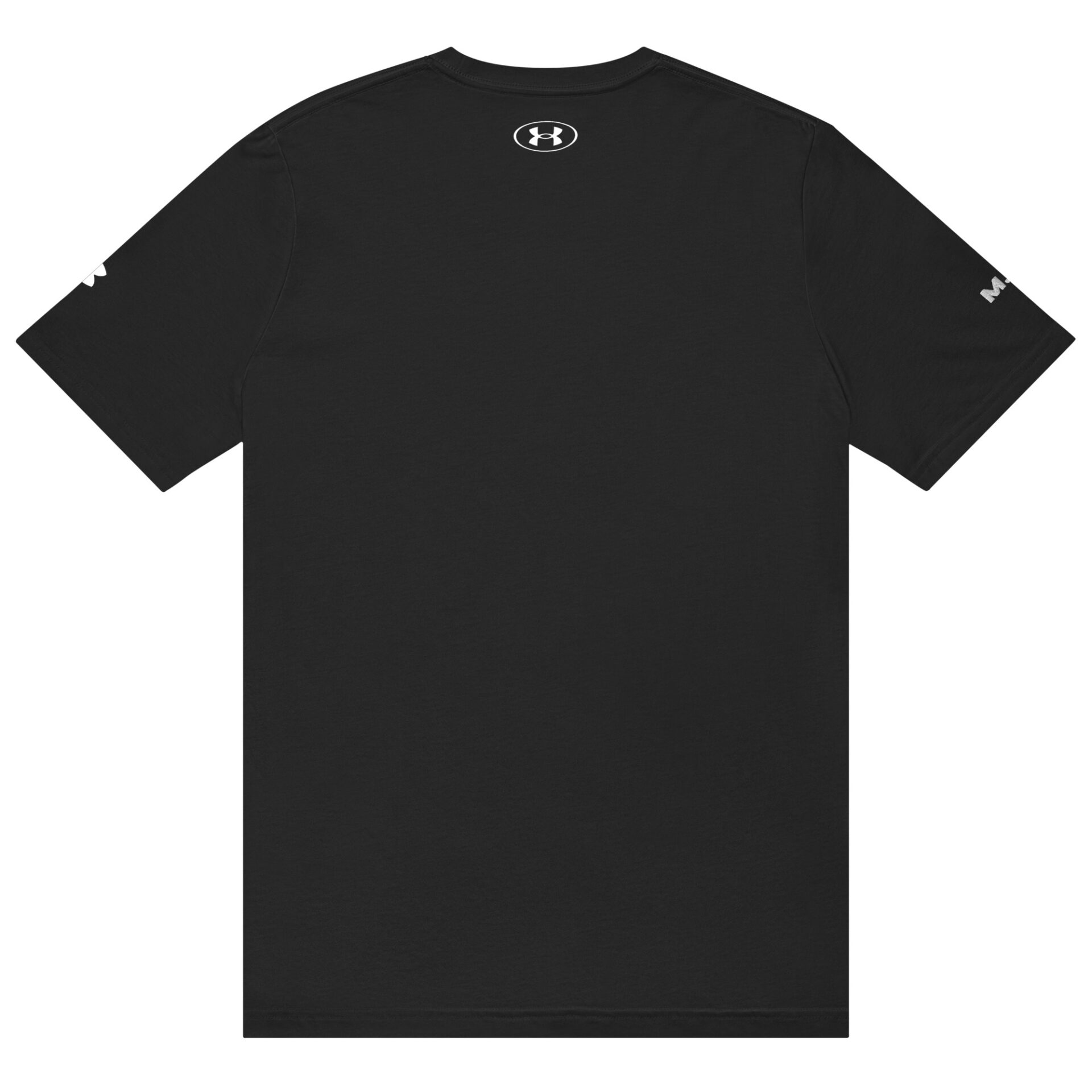 The Under ArmourⓇ athletic t-shirt CHAMP in plain black is shown from the back, with a small white logo at the upper center and additional CHAMP and Under Armour logos on each sleeve.