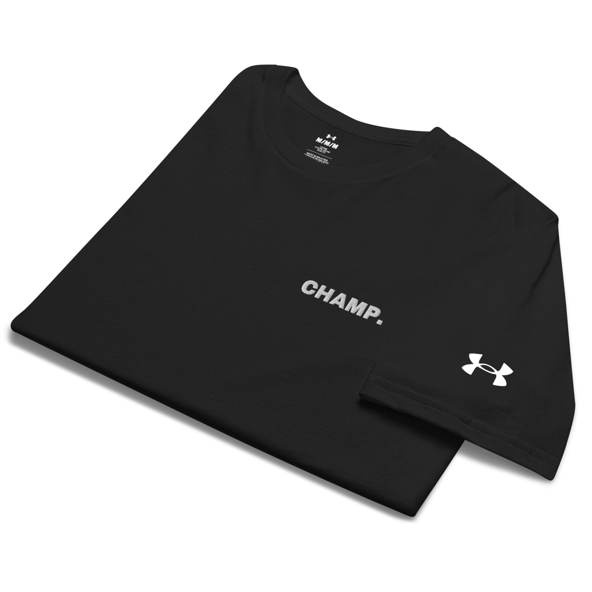 The Under ArmourⓇ athletic T-shirt, neatly folded, displays CHAMP. in white across the chest with the Under Armour logo on the left sleeve, creating a sporty look.
