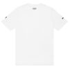 An Under ArmourⓇ athletic t-shirt in plain white is shown from the back, displaying a small black Under Armour logo near the upper center neckline and small black text on both sleeves.
