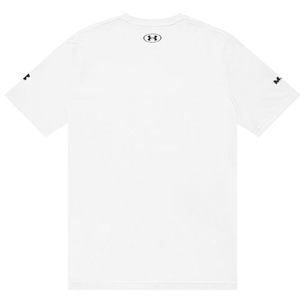 An Under ArmourⓇ athletic t-shirt in plain white is shown from the back, displaying a small black Under Armour logo near the upper center neckline and small black text on both sleeves.