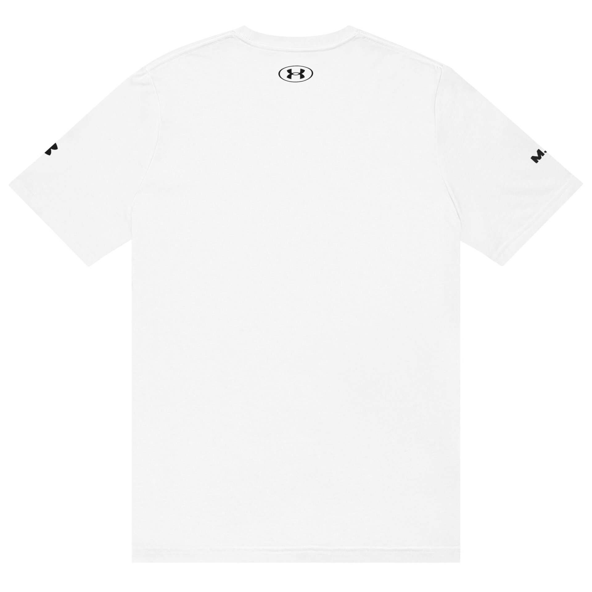 An Under ArmourⓇ athletic t-shirt in plain white is shown from the back, displaying a small black Under Armour logo near the upper center neckline and small black text on both sleeves. An Under ArmourⓇ athletic t-shirt in plain white is shown from the back, displaying a small black Under Armour logo near the upper center neckline and small black text on both sleeves.