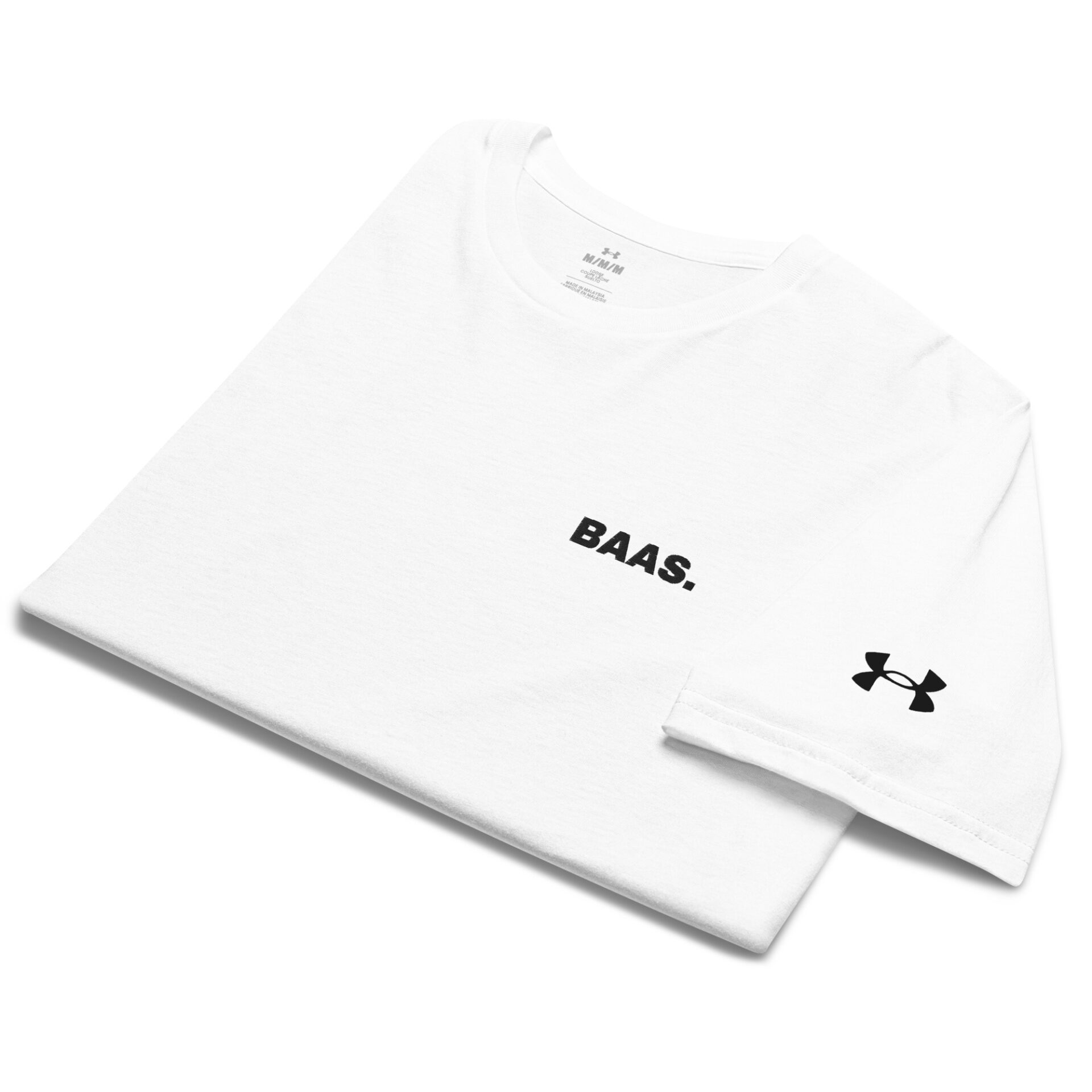 Under ArmourⓇ athletic T-shirt featuring BAAS. in black on the front and a subtle black Under Armour logo on the sleeve, folded neatly against a pristine white background, embodying premium athletic apparel. Under ArmourⓇ athletic T-shirt featuring BAAS. in black on the front and a subtle black Under Armour logo on the sleeve, folded neatly against a pristine white background, embodying premium athletic apparel.