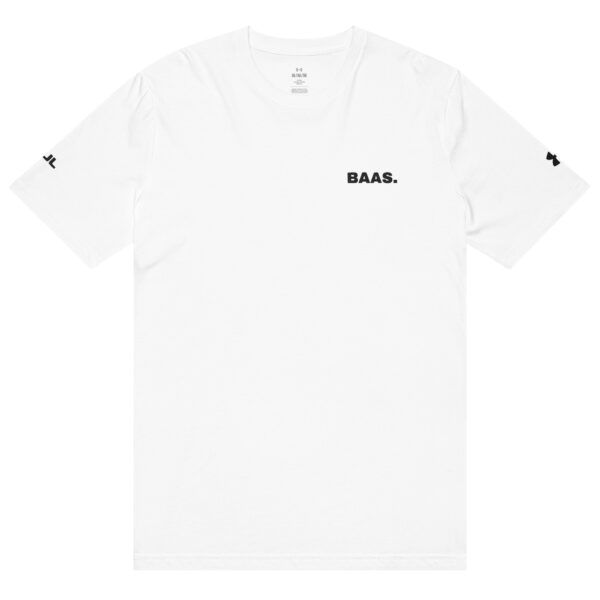 The Under ArmourⓇ athletic t-shirt is plain white with BAAS. in black on the left chest and small black graphics on the sleeves, inspired by classic Under Armour styling.
