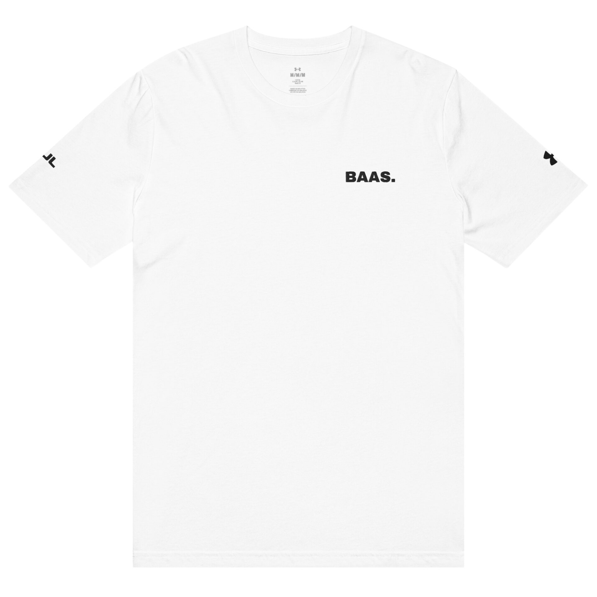 The Under ArmourⓇ athletic t-shirt is plain white with BAAS. in black on the left chest and small black graphics on the sleeves, inspired by classic Under Armour styling.