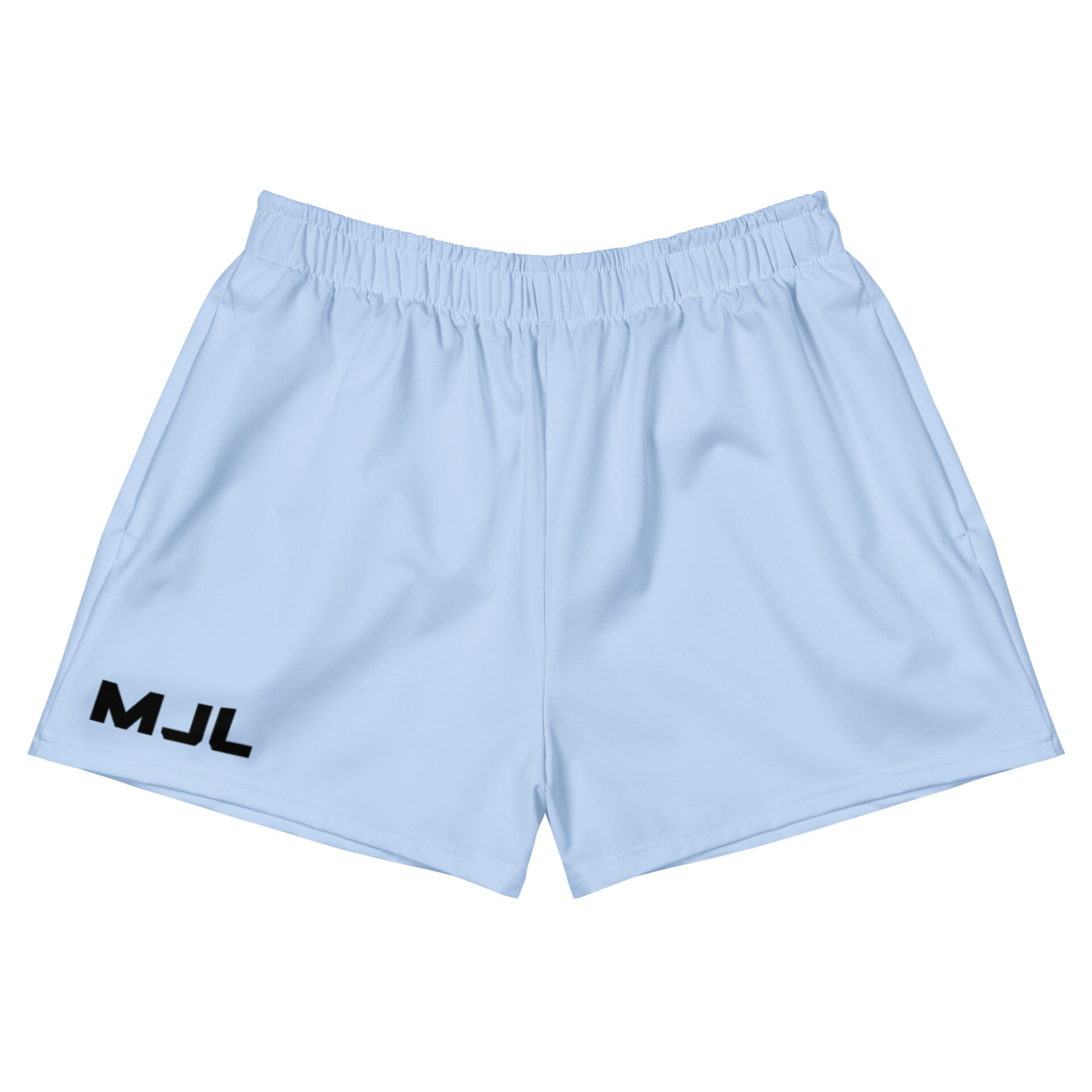 All-Over Print Unisex Athletic Shorts in light blue with an elastic waistband, shown flat on a white background. Black MJL initials printed on the lower left leg add a sporty touch.