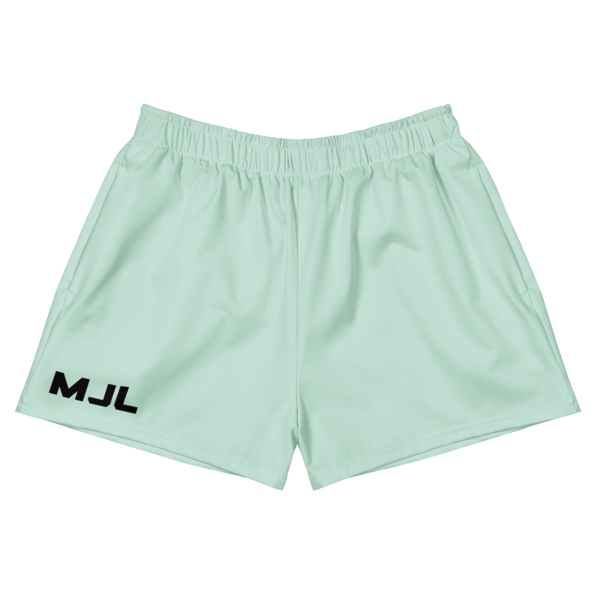 Light green MJL Athletic Shorts featuring an elastic waistband and black MJL initials on the lower left leg, shown against a plain white background.