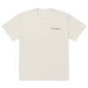 The Oversized faded t-shirt is a plain, light beige top with subtle fading and small black ADAM XXX tastes oud text on the left chest. It features an oversized fit and a minimalistic design with no extra graphics or patterns.
