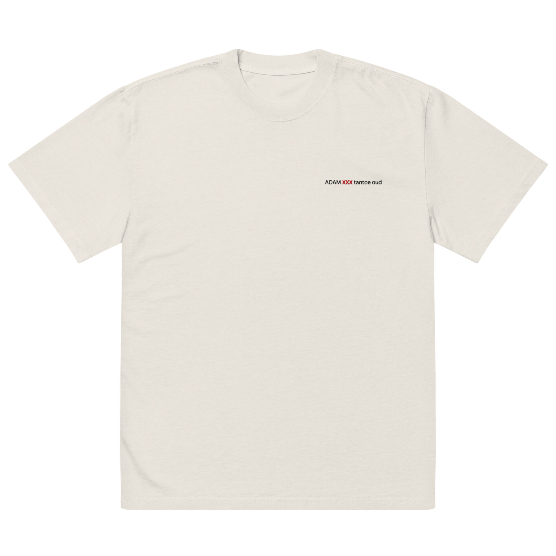The Oversized faded t-shirt is a plain, light beige top with subtle fading and small black ADAM XXX tastes oud text on the left chest. It features an oversized fit and a minimalistic design with no extra graphics or patterns.