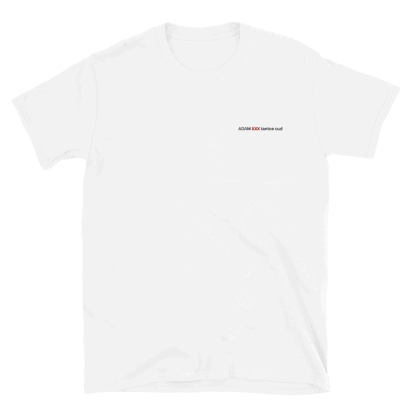 The ADAM XXX tantoe oud White Short-Sleeve T-shirt features small black ADAM XXX tattoo oud text on the left chest for a modern touch, shown laid flat on a white background.