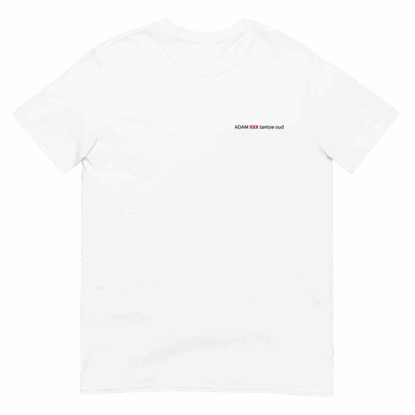The ADAM XXX tantoe oud White Short-Sleeve T-shirt features a minimalist design with small black “ADAM XXX sunrise oud” text on the left chest, combining simplicity and subtle style inspired by tantoe oud elegance.