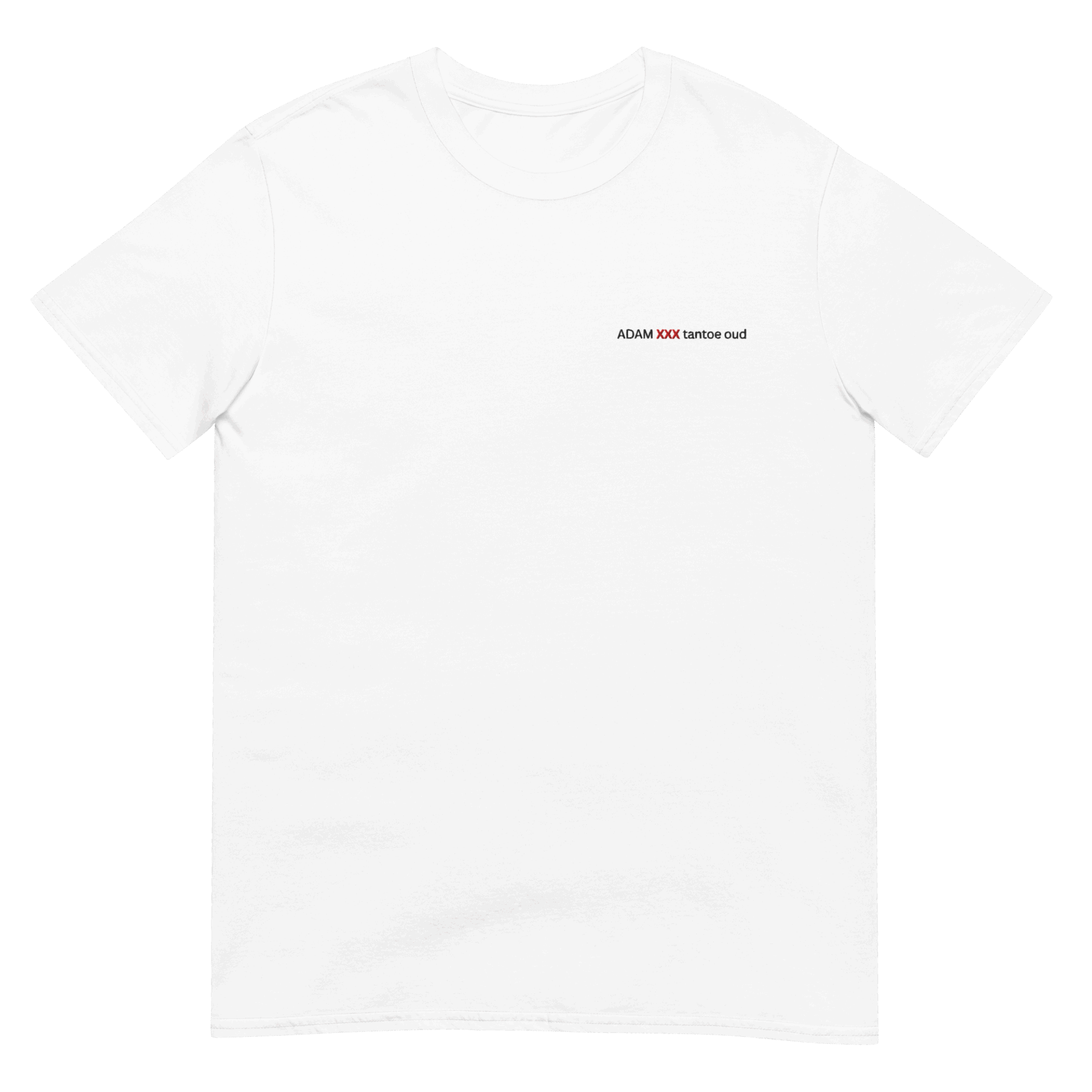 The ADAM XXX tantoe oud White Short-Sleeve T-shirt features a minimalist design with small black “ADAM XXX sunrise oud” text on the left chest, combining simplicity and subtle style inspired by tantoe oud elegance. The ADAM XXX tantoe oud White Short-Sleeve T-shirt features a minimalist design with small black “ADAM XXX sunrise oud” text on the left chest, combining simplicity and subtle style inspired by tantoe oud elegance.