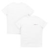 Two plain white Short-Sleeve Unisex T-Shirts are shown, with one displaying the front and the other the back. The front features small red and black ACME XXX knitted t-shirt text on the left chest.