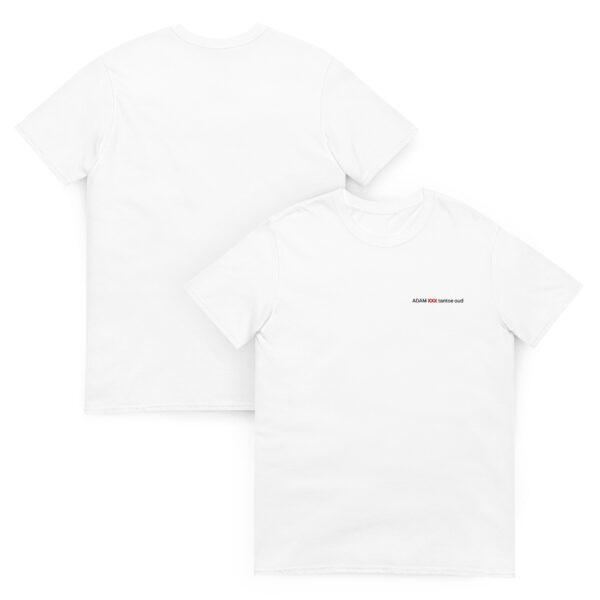 Two plain white Short-Sleeve Unisex T-Shirts are shown, with one displaying the front and the other the back. The front features small red and black ACME XXX knitted t-shirt text on the left chest.