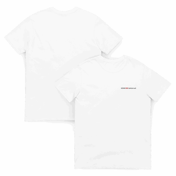 ADAM XXX tantoe oud White Short-Sleeve T-shirt shown from front and back. The front has small red and black text on the left chest reading ASIAN XXII Limited label by ADAM XXX. The back is plain with no design.