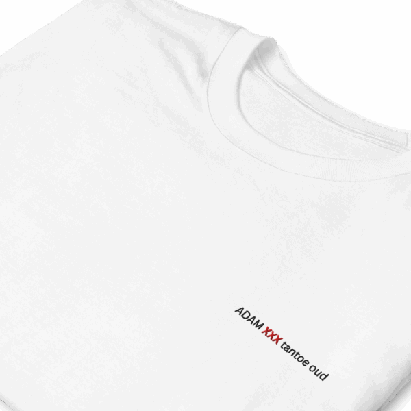 The ADAM XXX tantoe oud White Short-Sleeve T-shirt features small black text and bold red XXX near the bottom. Displayed flat on a black background.