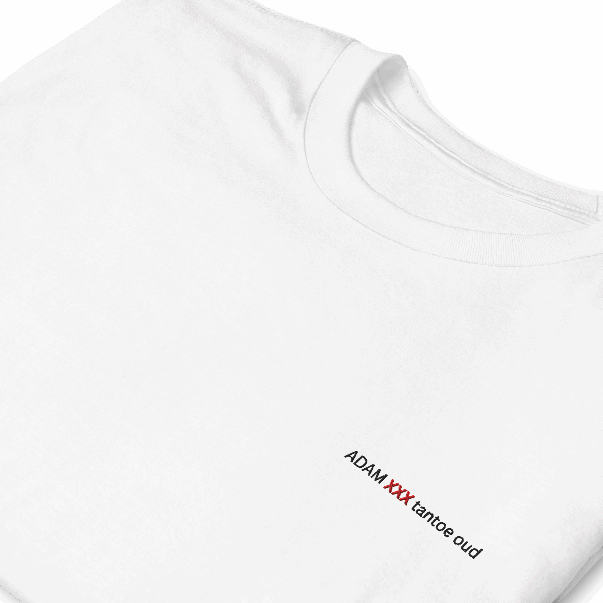 The ADAM XXX tantoe oud White Short-Sleeve T-shirt features small black text and bold red XXX near the bottom. Displayed flat on a black background. The ADAM XXX tantoe oud White Short-Sleeve T-shirt features small black text and bold red XXX near the bottom. Displayed flat on a black background.