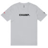 The Under ArmourⓇ athletic t-shirt features "CHAMP." in bold black letters on light gray, with a small red embroidered logo on the left sleeve and a black logo on the right, inspired by classic Under Armour styling. The Under ArmourⓇ athletic t-shirt features "CHAMP." in bold black letters on light gray, with a small red embroidered logo on the left sleeve and a black logo on the right, inspired by classic Under Armour styling.