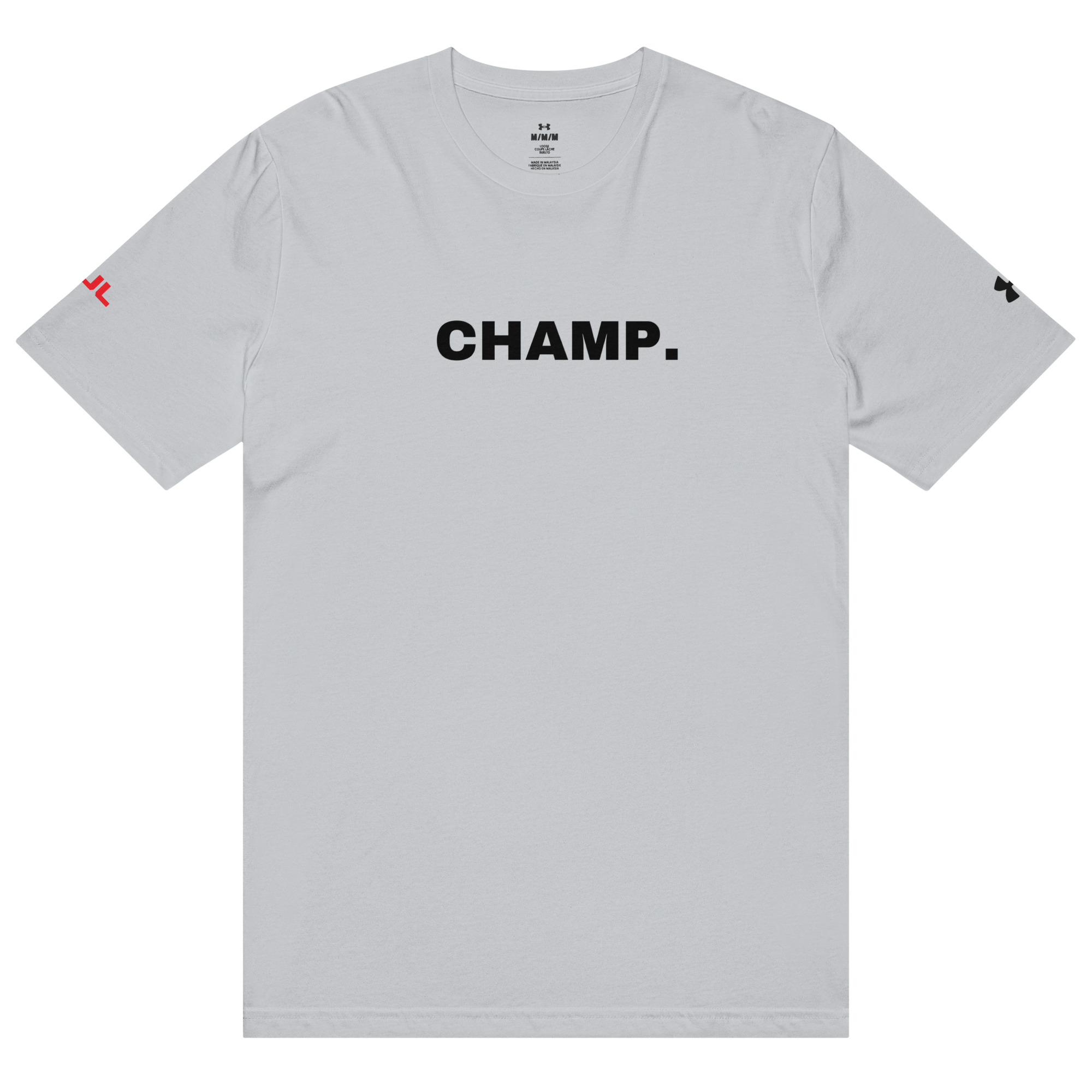 The Under ArmourⓇ athletic t-shirt features "CHAMP." in bold black letters on light gray, with a small red embroidered logo on the left sleeve and a black logo on the right, inspired by classic Under Armour styling. The Under ArmourⓇ athletic t-shirt features "CHAMP." in bold black letters on light gray, with a small red embroidered logo on the left sleeve and a black logo on the right, inspired by classic Under Armour styling.