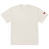 An Oversized faded t-shirt in plain white, laid flat, featuring a small red M. subtly visible at the end of the right sleeve with no other visible designs or features.