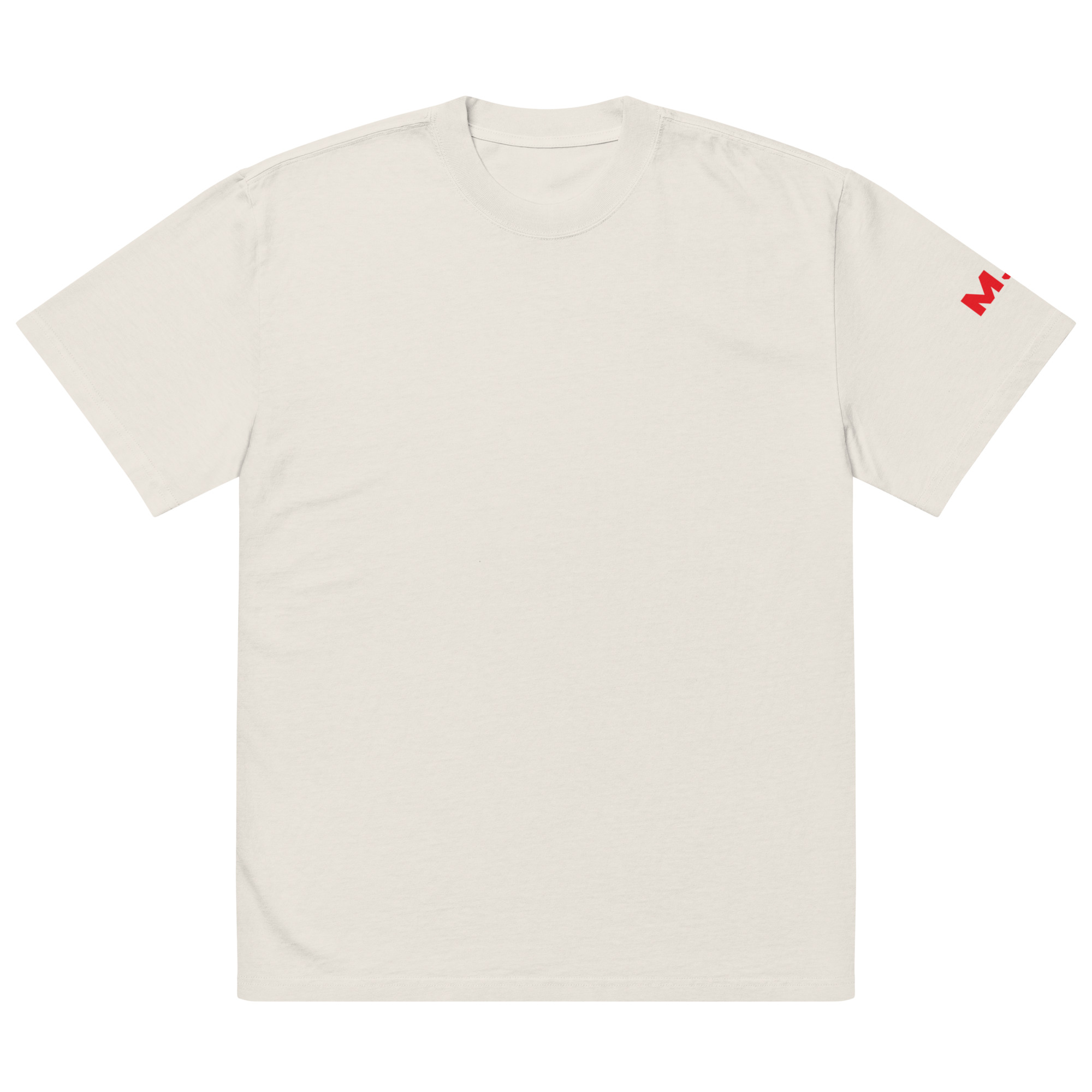 An Oversized faded t-shirt in plain white, laid flat, featuring a small red M. subtly visible at the end of the right sleeve with no other visible designs or features.